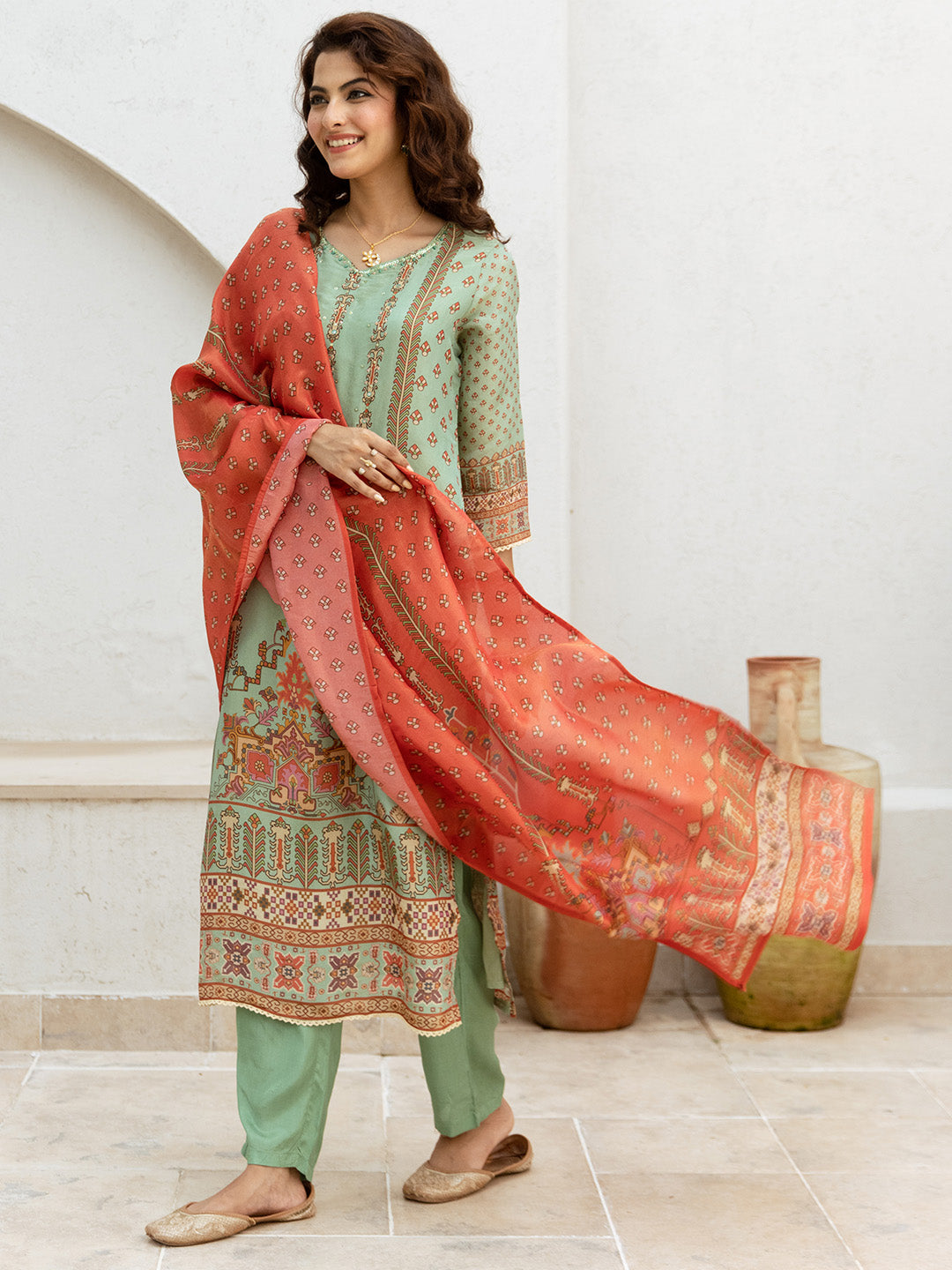 Comfy Green Tissue Floral Print Straight fit kurta set with dupatta