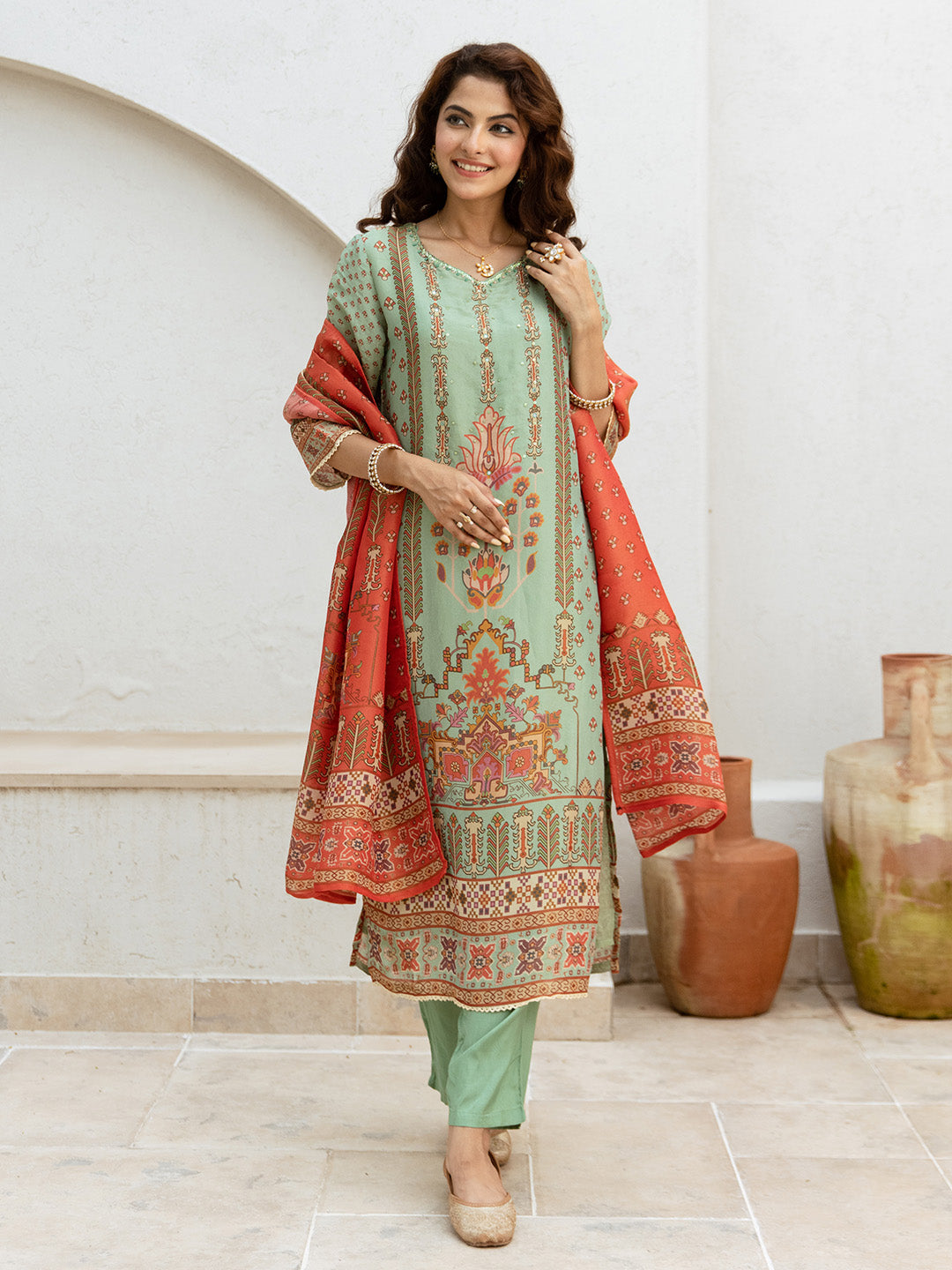 Comfy Green Tissue Floral Print Straight fit kurta set with dupatta