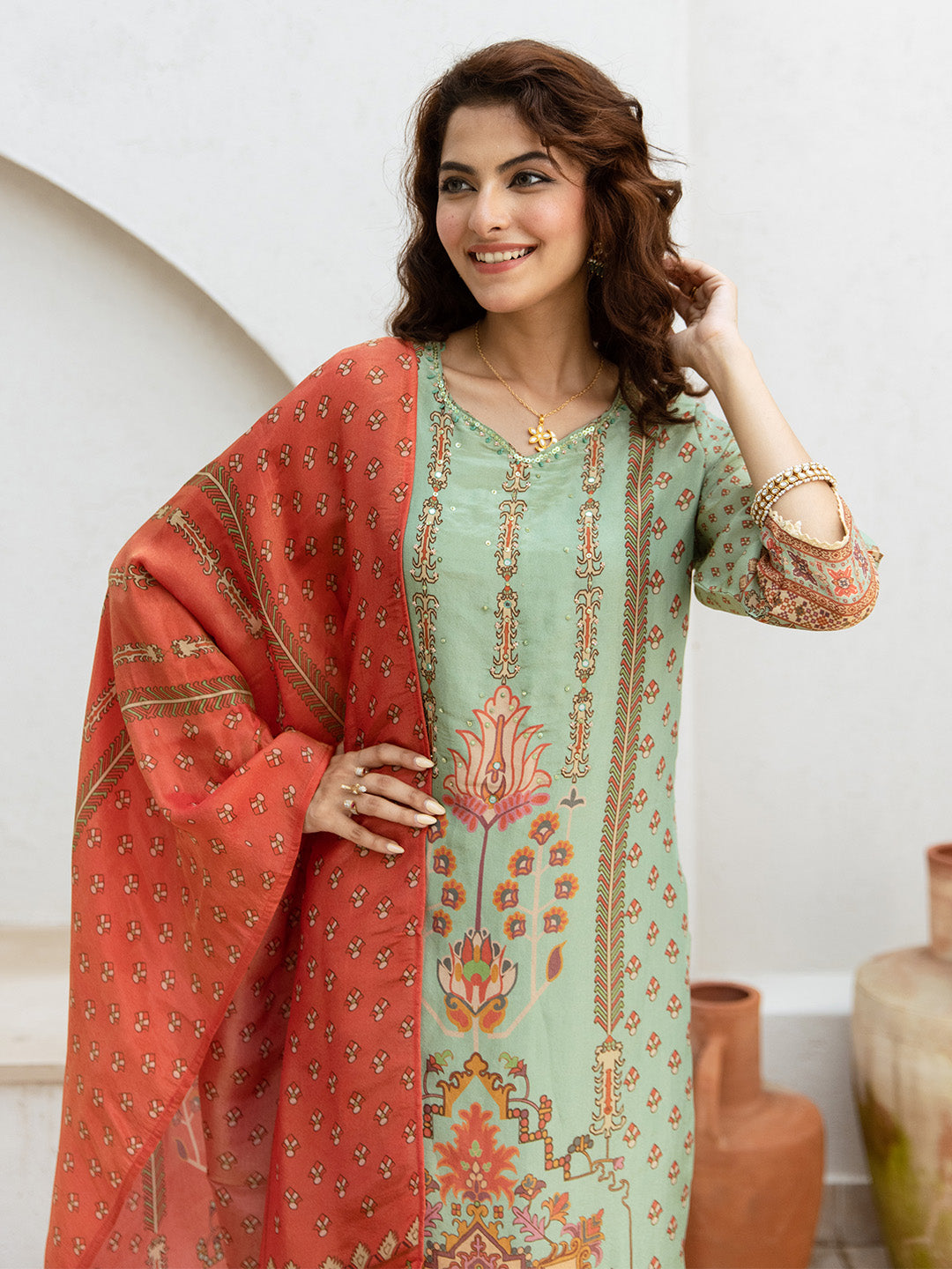 Comfy Green Tissue Floral Print Straight fit kurta set with dupatta