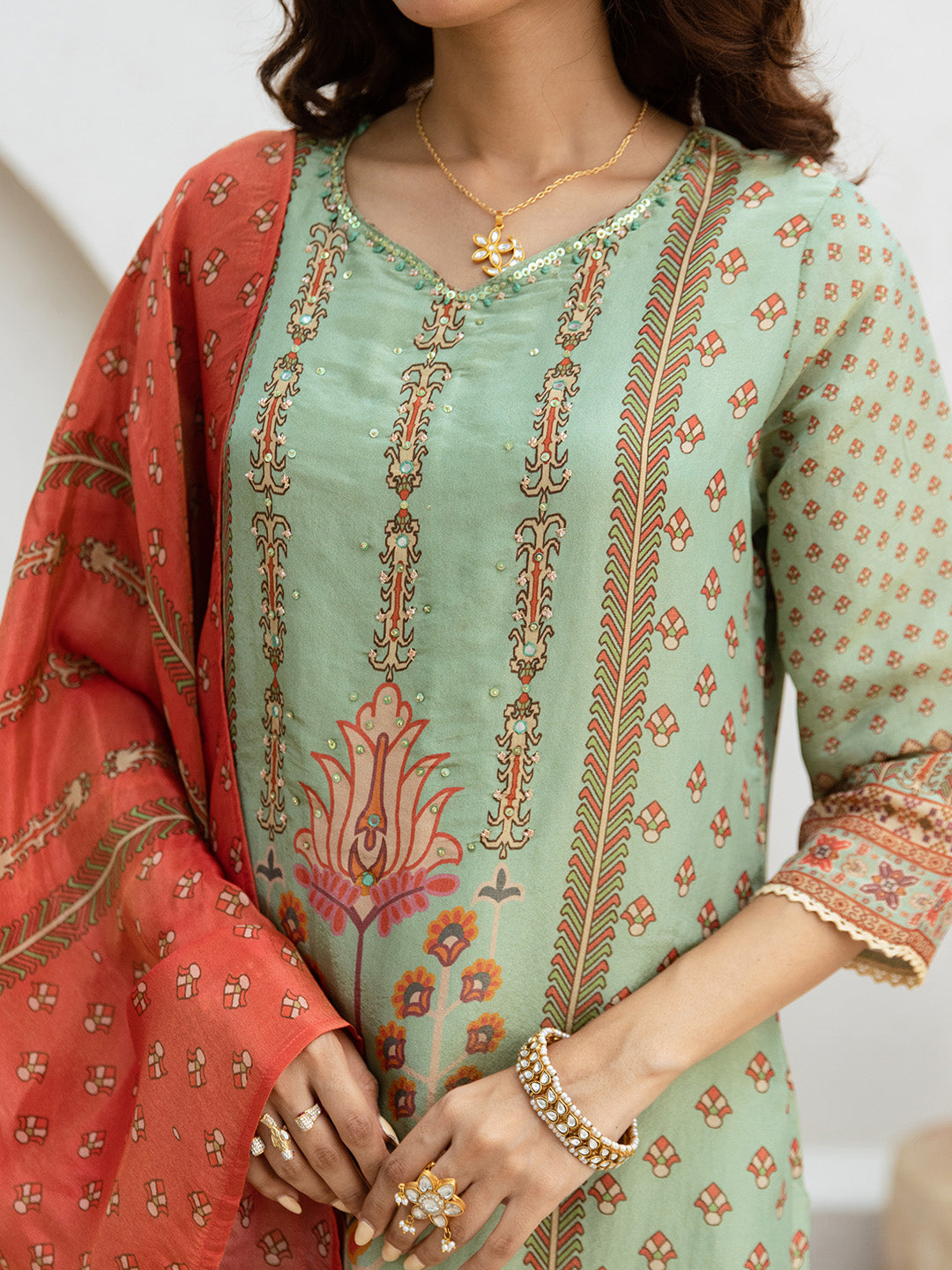 Comfy Green Tissue Floral Print Straight fit kurta set with dupatta