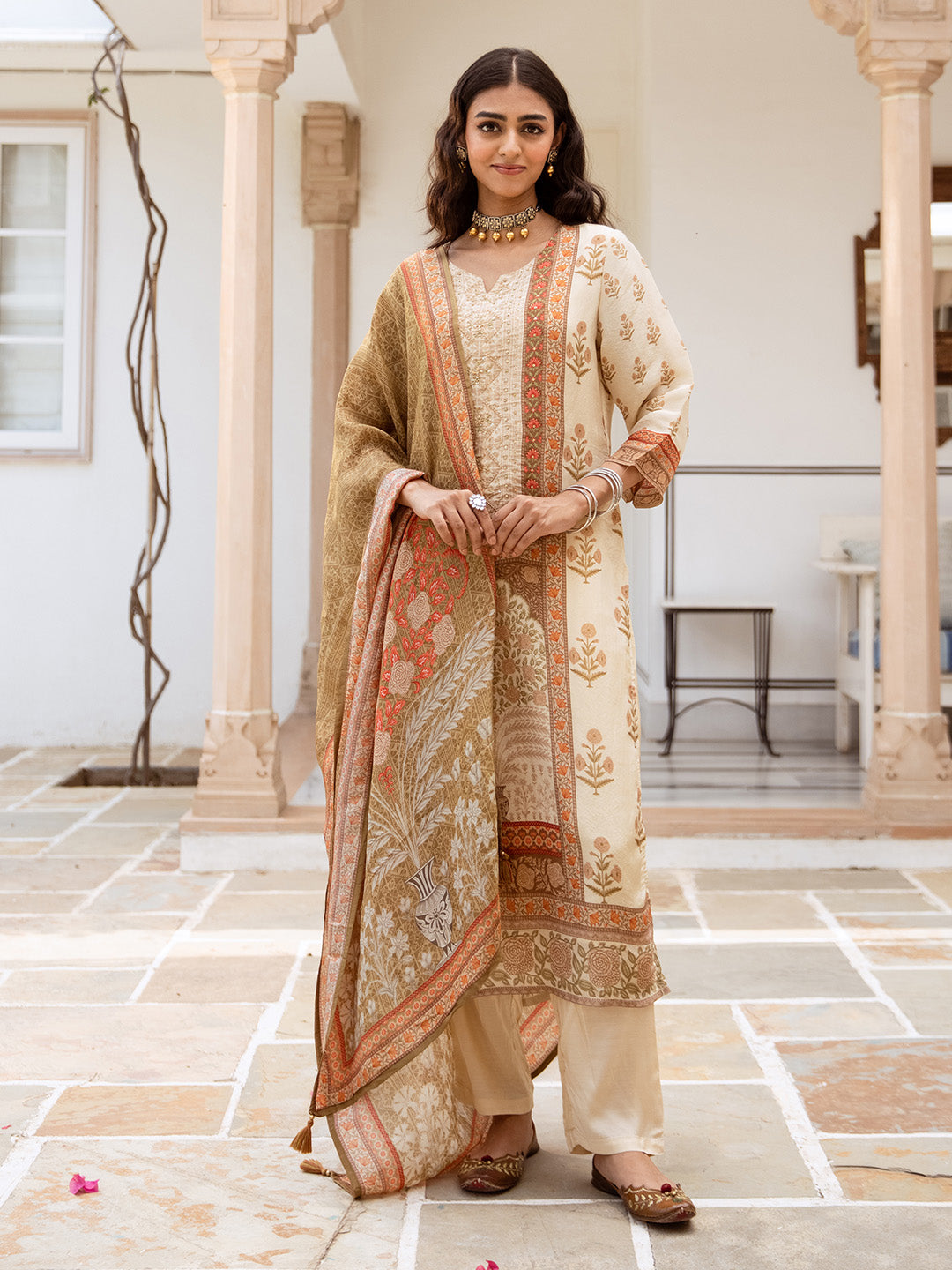 Comfy Cream Viscose Rayon Embroidered Printed Straight Fit  kurta set with dupatta