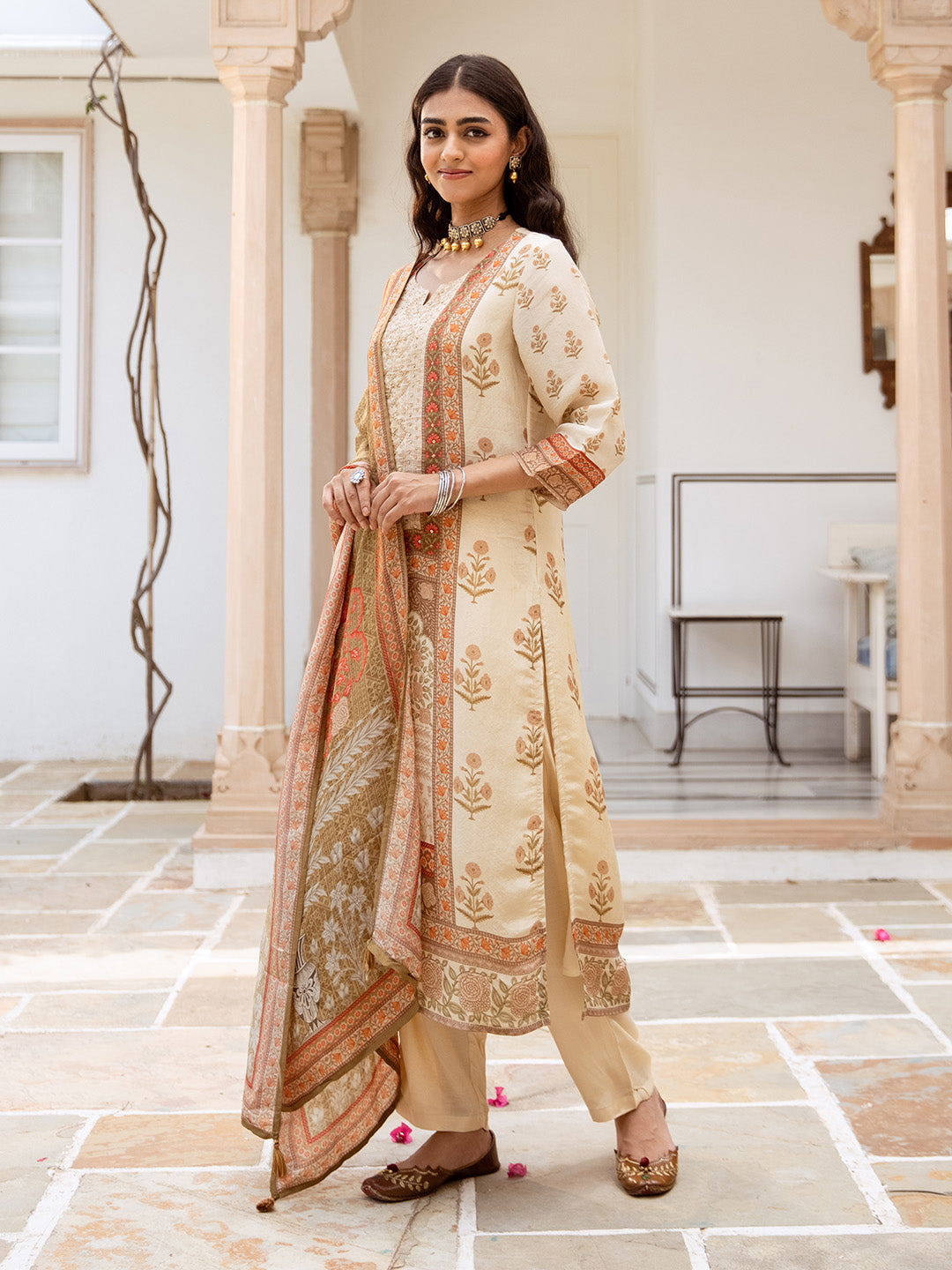 Comfy Cream Viscose Rayon Embroidered Printed Straight Fit  kurta set with dupatta