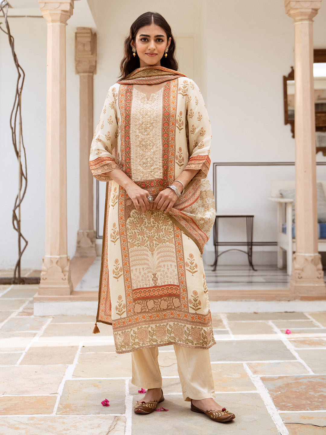 Comfy Cream Viscose Rayon Embroidered Printed Straight Fit  kurta set with dupatta