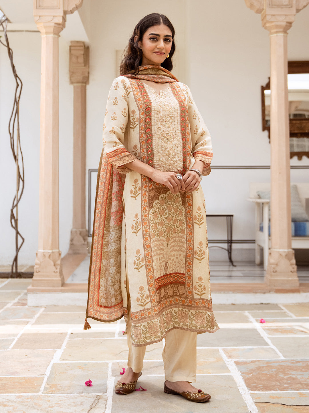 Comfy Cream Viscose Rayon Embroidered Printed Straight Fit  kurta set with dupatta