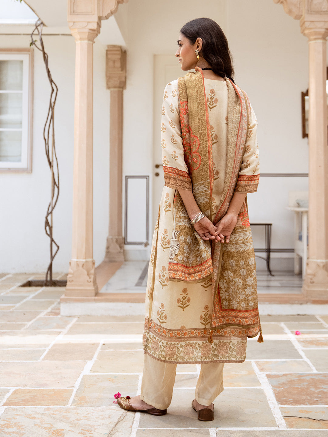 Comfy Cream Viscose Rayon Embroidered Printed Straight Fit  kurta set with dupatta