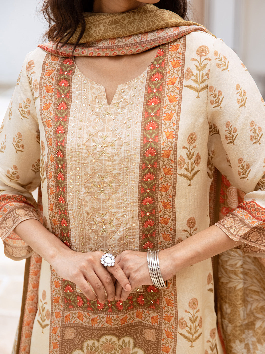 Comfy Cream Viscose Rayon Embroidered Printed Straight Fit  kurta set with dupatta