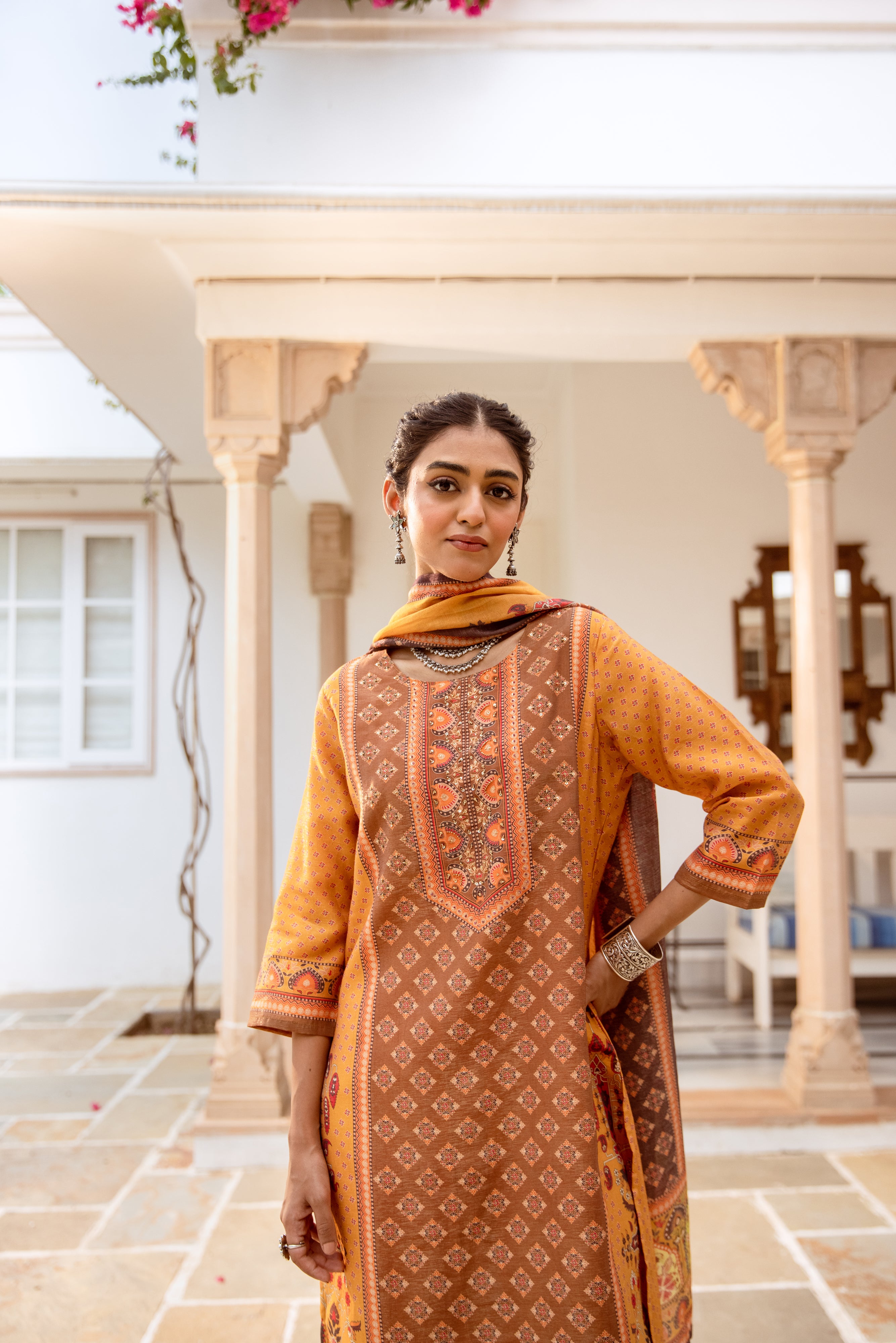 Comfy Yellow Ethnic Printed Straight Kurta Set With Straight Bottom And Dupatta