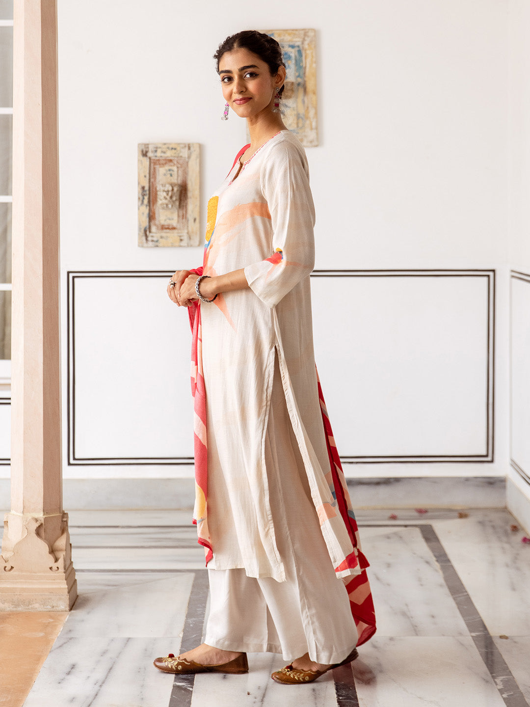 Soft Cream Viscose Rayon Floral Print Straight fit kurta set with dupatta