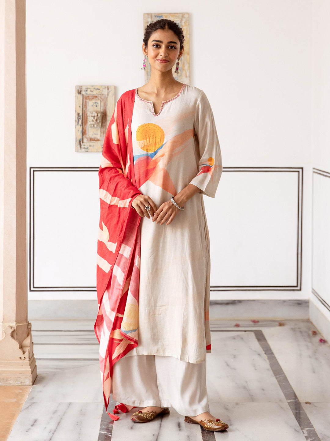 Soft Cream Viscose Rayon Floral Print Straight fit kurta set with dupatta