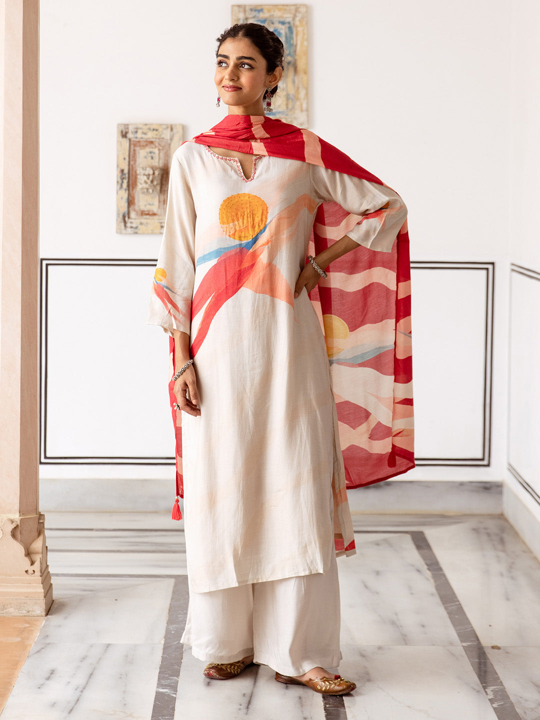 Soft Cream Viscose Rayon Floral Print Straight fit kurta set with dupatta