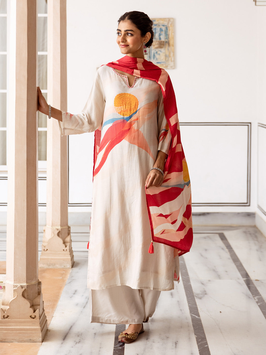 Soft Cream Viscose Rayon Floral Print Straight fit kurta set with dupatta