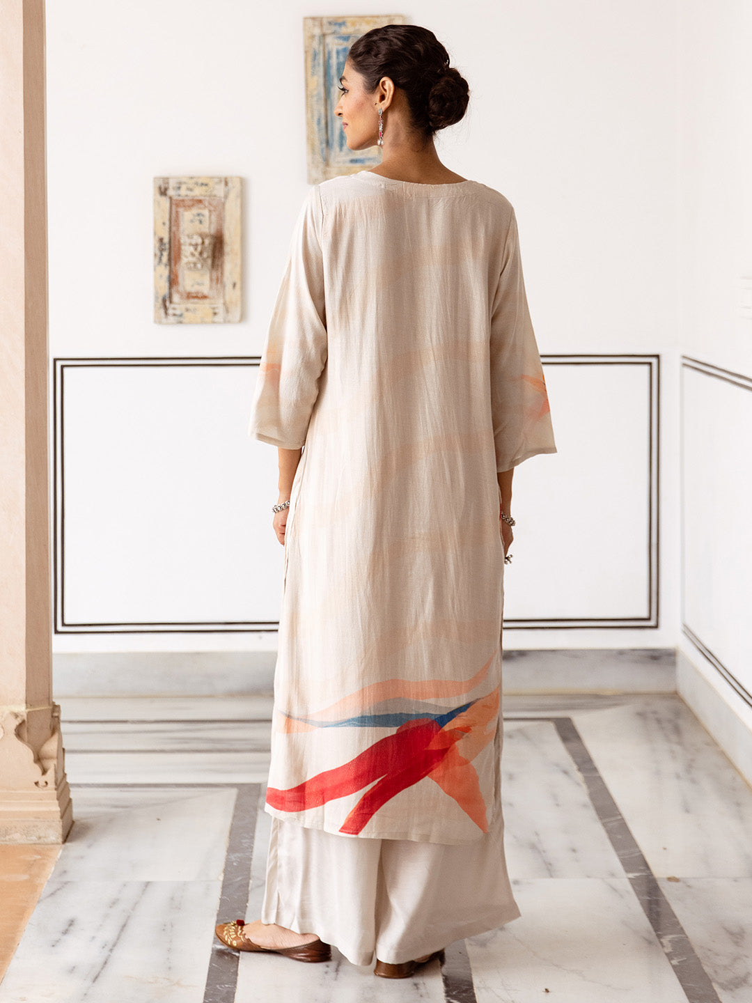 Soft Cream Viscose Rayon Floral Print Straight fit kurta set with dupatta