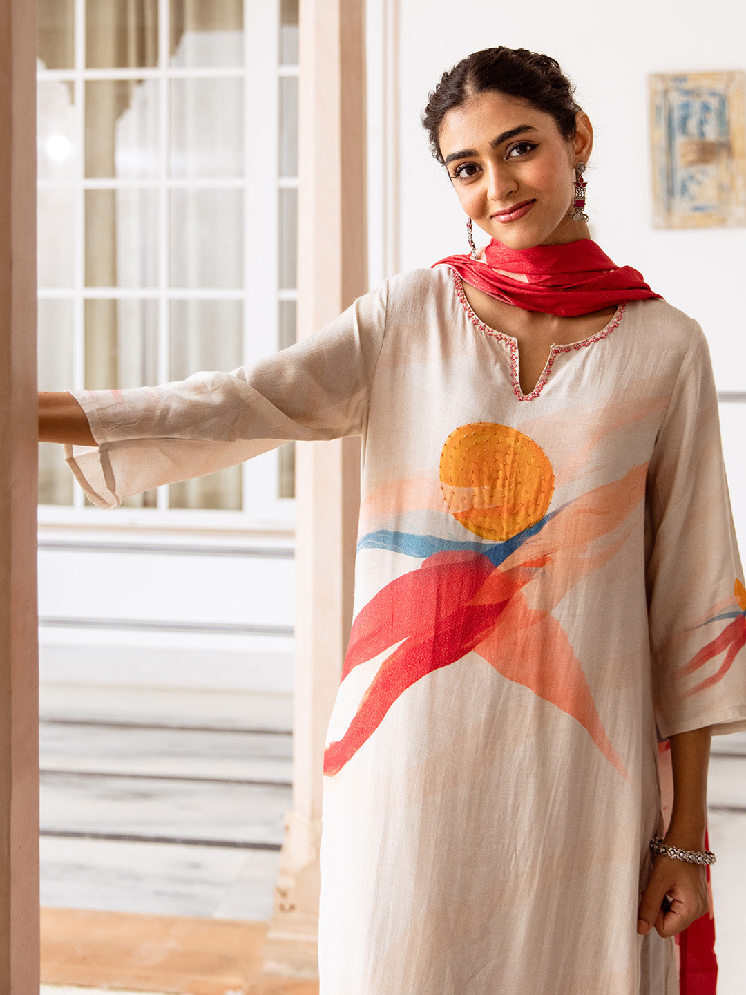 Soft Cream Viscose Rayon Floral Print Straight fit kurta set with dupatta