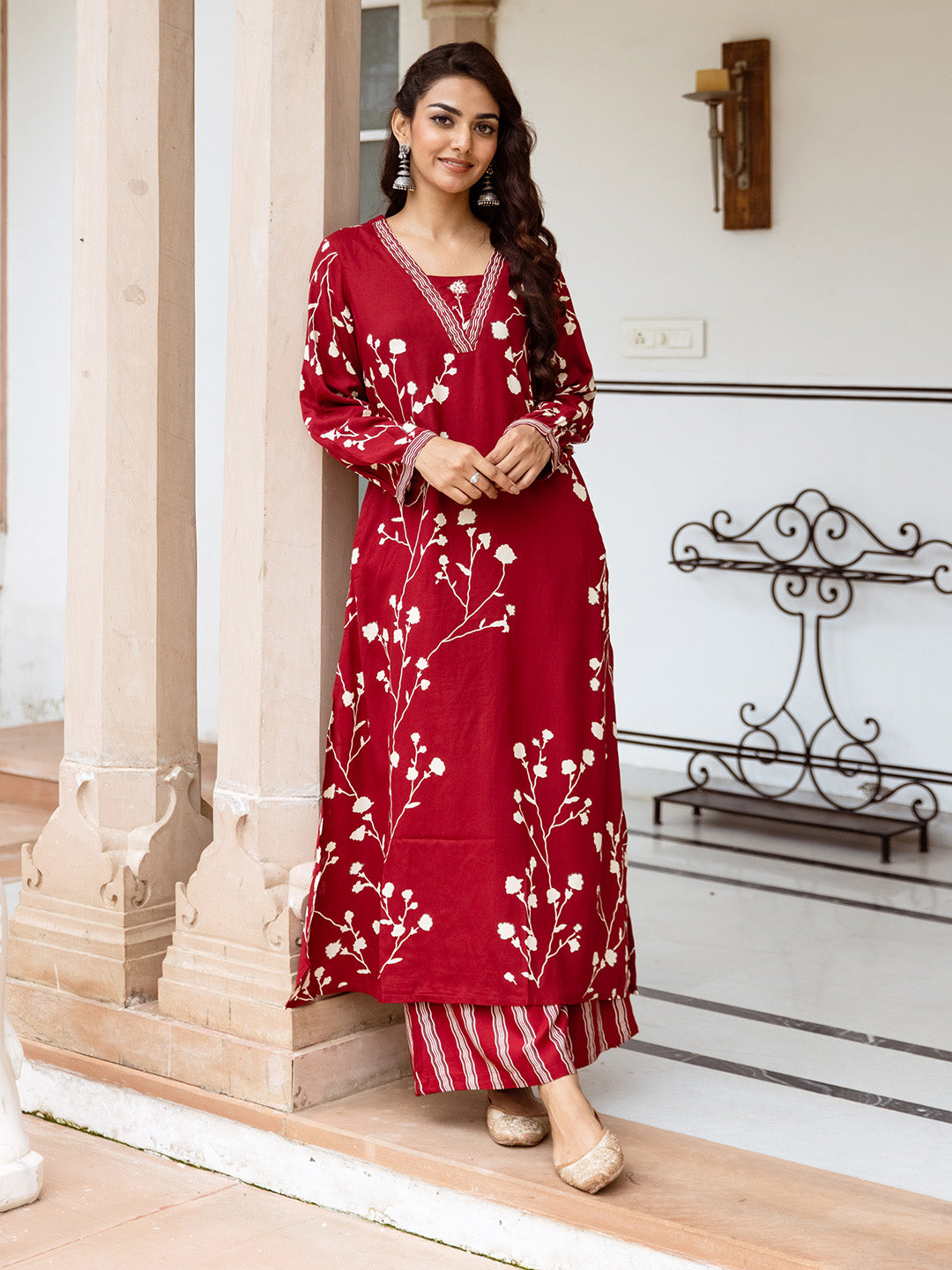 Soft Red Rayon Printed Straight Fit  Kurta Set with Palazzo bottom