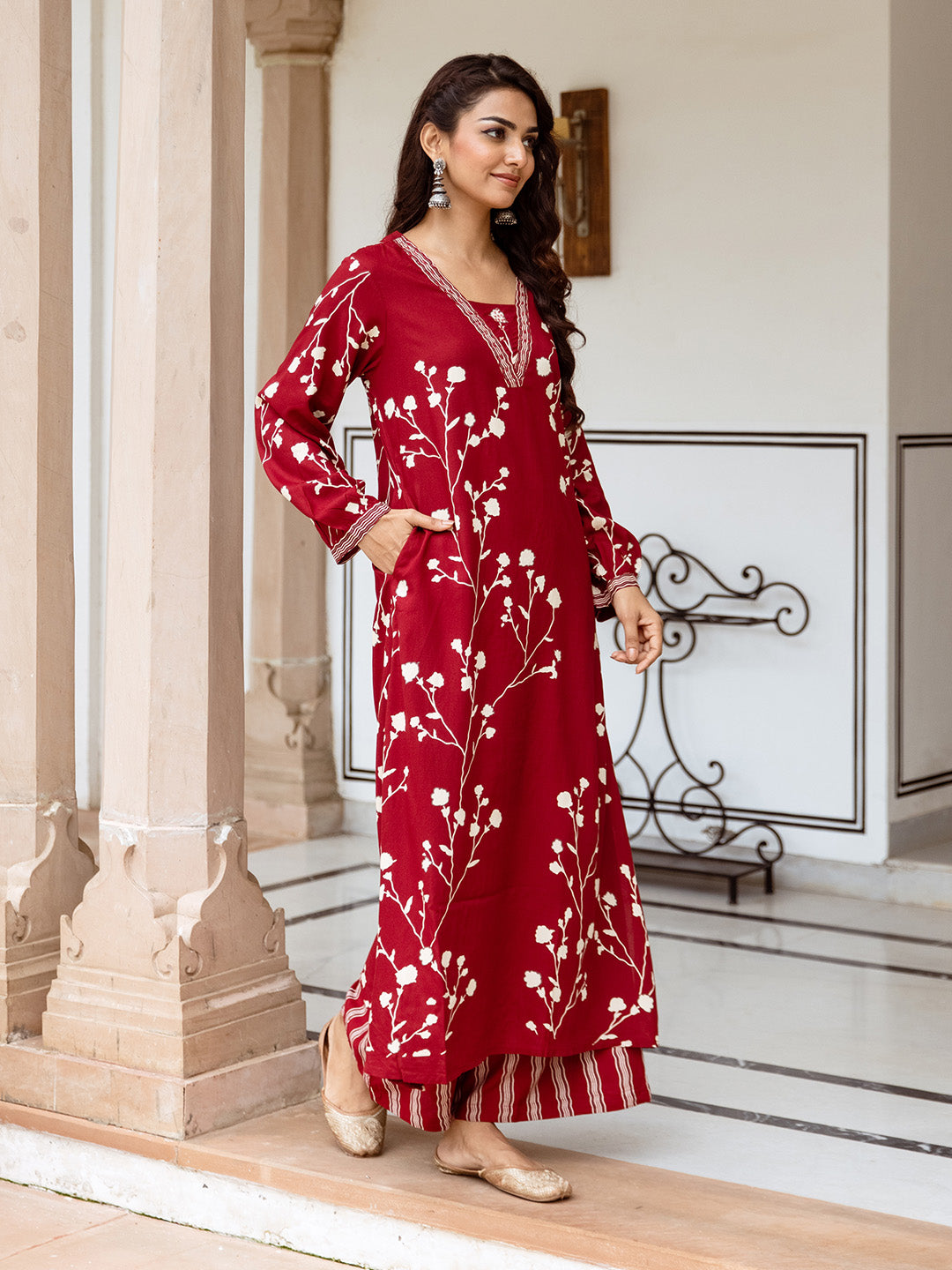 Soft Red Rayon Printed Straight Fit  Kurta Set with Palazzo bottom