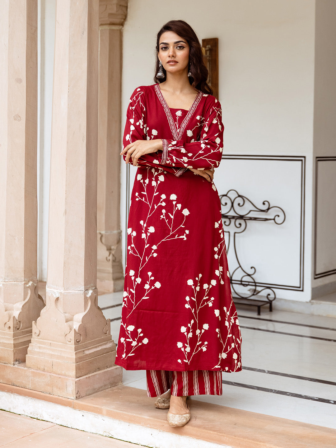Soft Red Rayon Printed Straight Fit  Kurta Set with Palazzo bottom