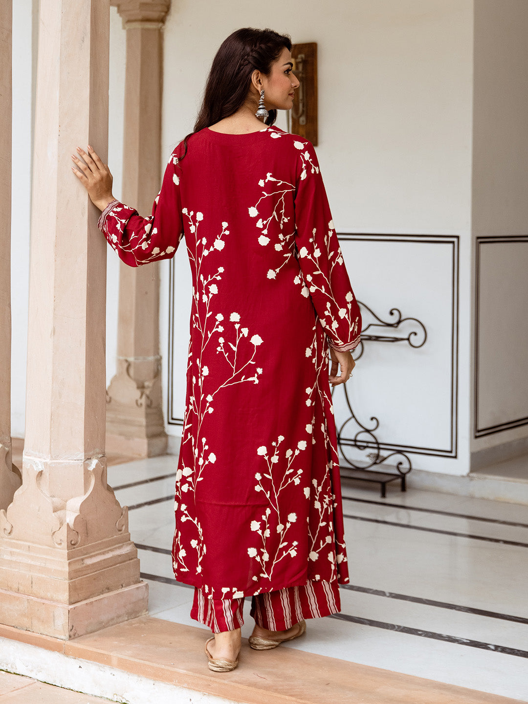 Soft Red Rayon Printed Straight Fit  Kurta Set with Palazzo bottom