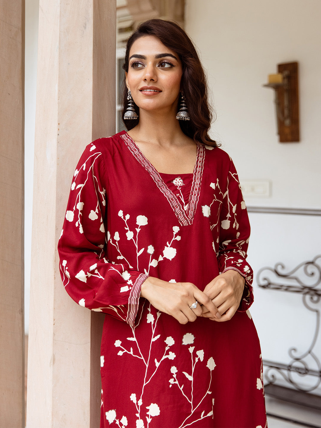 Soft Red Rayon Printed Straight Fit  Kurta Set with Palazzo bottom