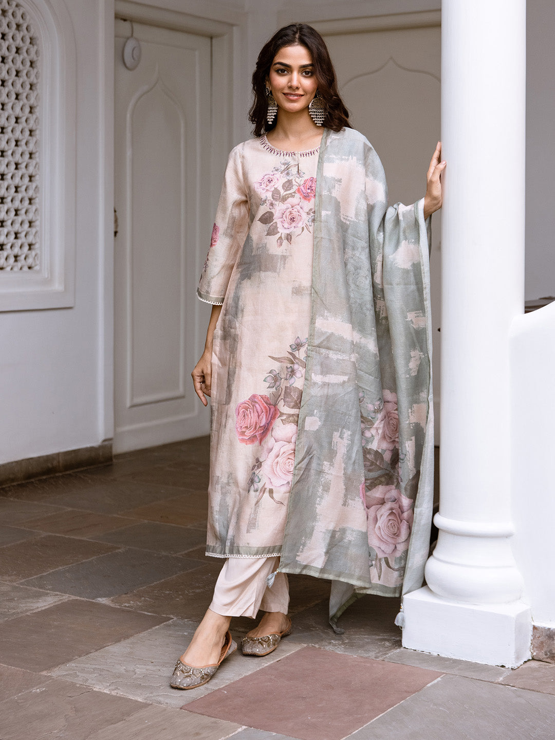 Cream Soft Floral Printed Straight Kurta Set With Straight Bottom And Dupatta