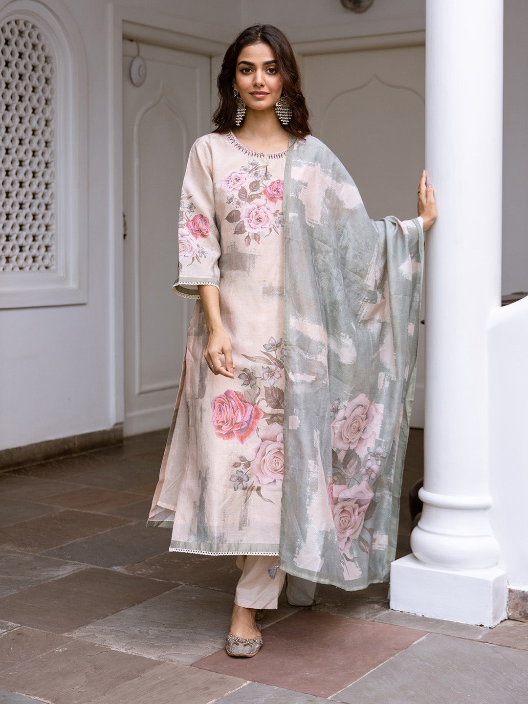 Cream Soft Floral Printed Straight Kurta Set With Straight Bottom And Dupatta