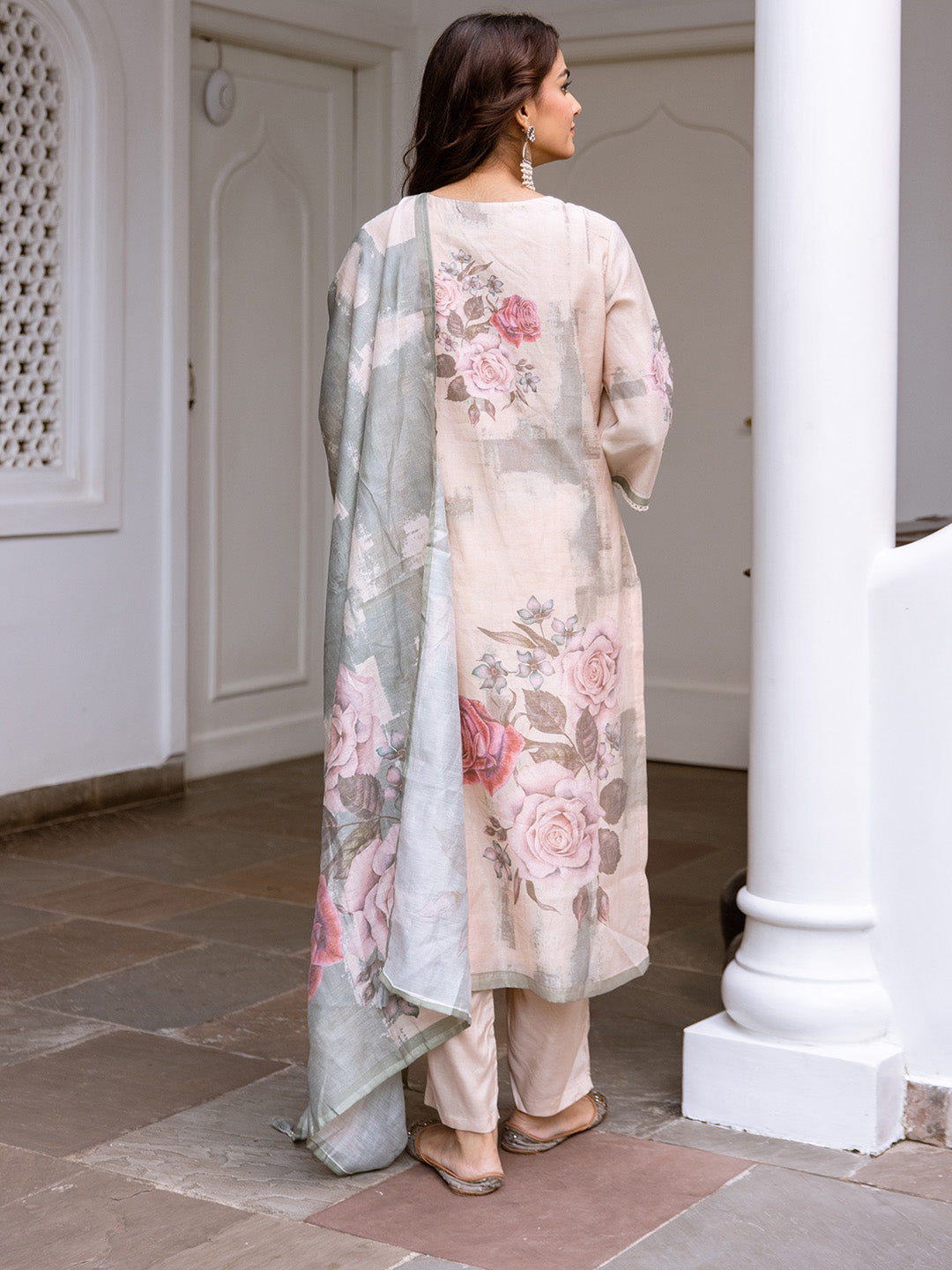 Cream Soft Floral Printed Straight Kurta Set With Straight Bottom And Dupatta