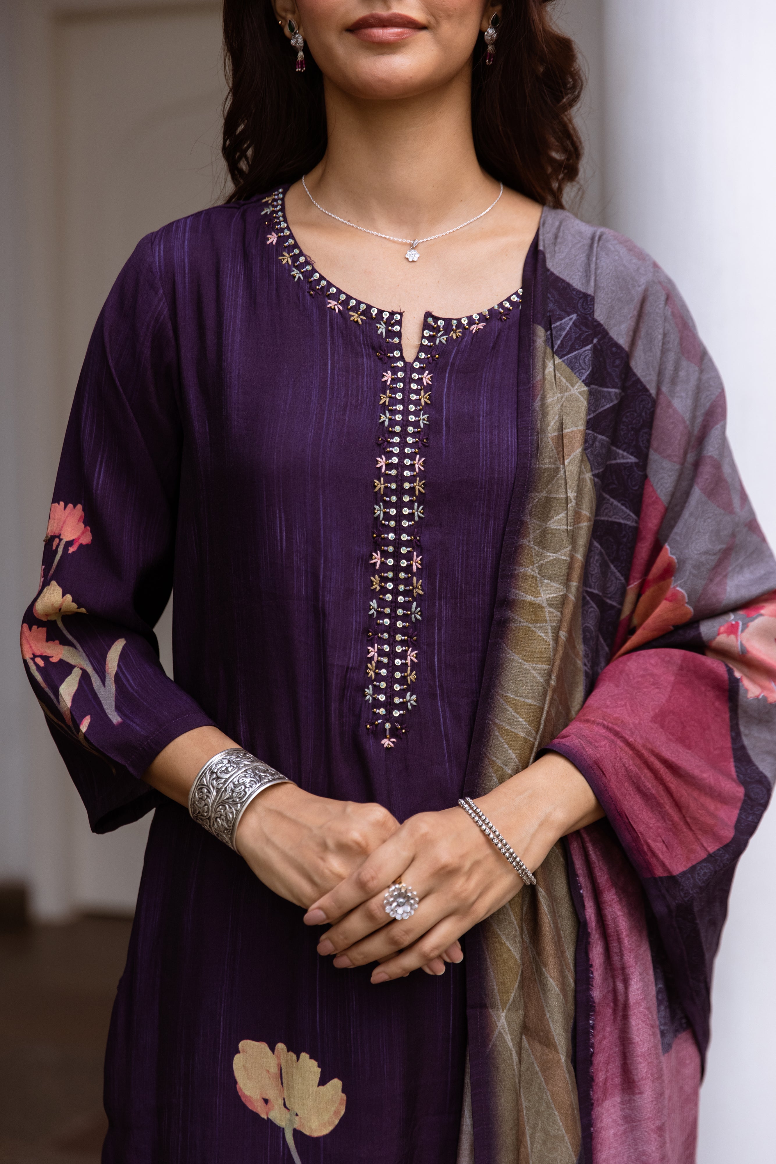 Soft Purple Floral Printed Straight Kurta Set With Straight Bottom And Dupatta