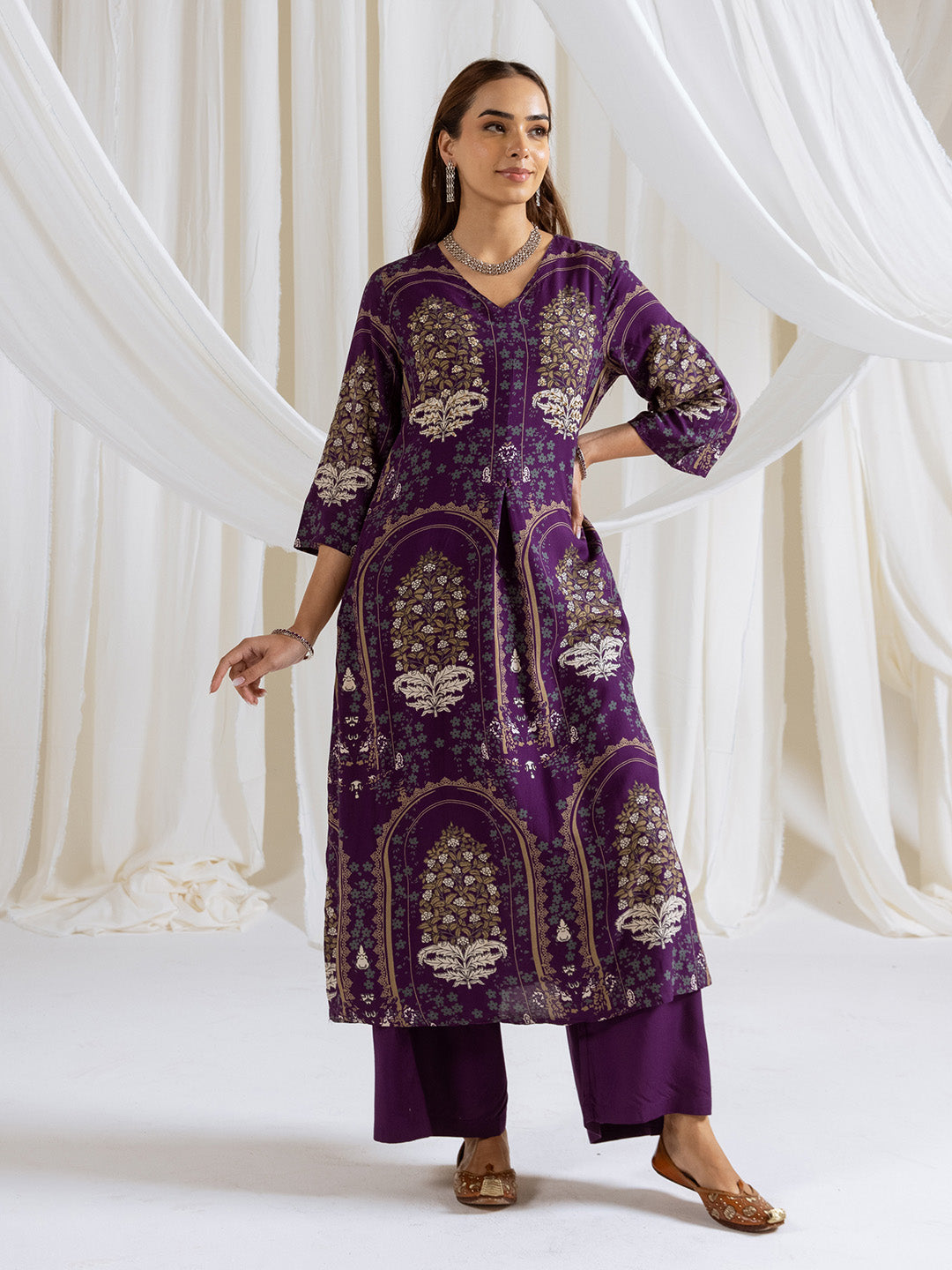 Comfy Puple Viscose Rayon Floral Print Straight Fit Kurta set with palazzo bottom