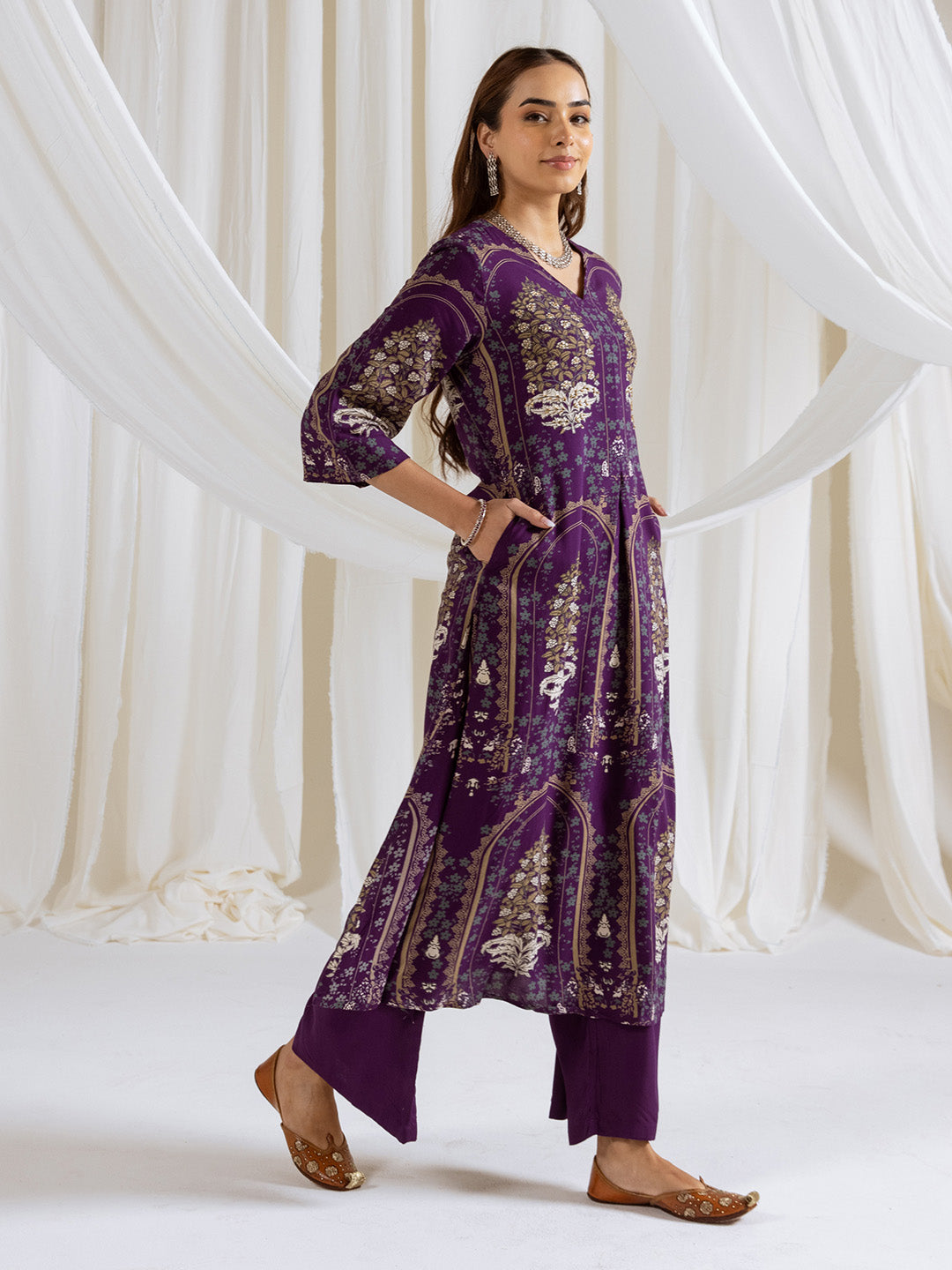 Comfy Puple Viscose Rayon Floral Print Straight Fit Kurta set with palazzo bottom