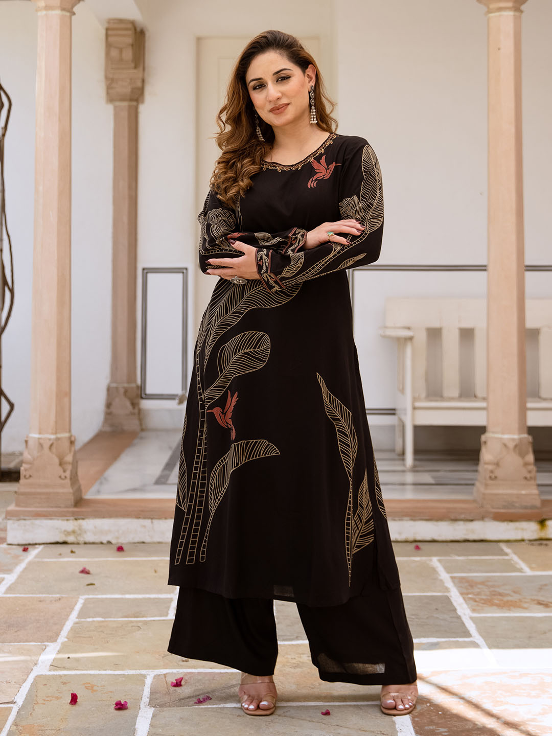 Comfy Black Rayon Bold Printed A-Line Kurta Set With Palazzo Bottom