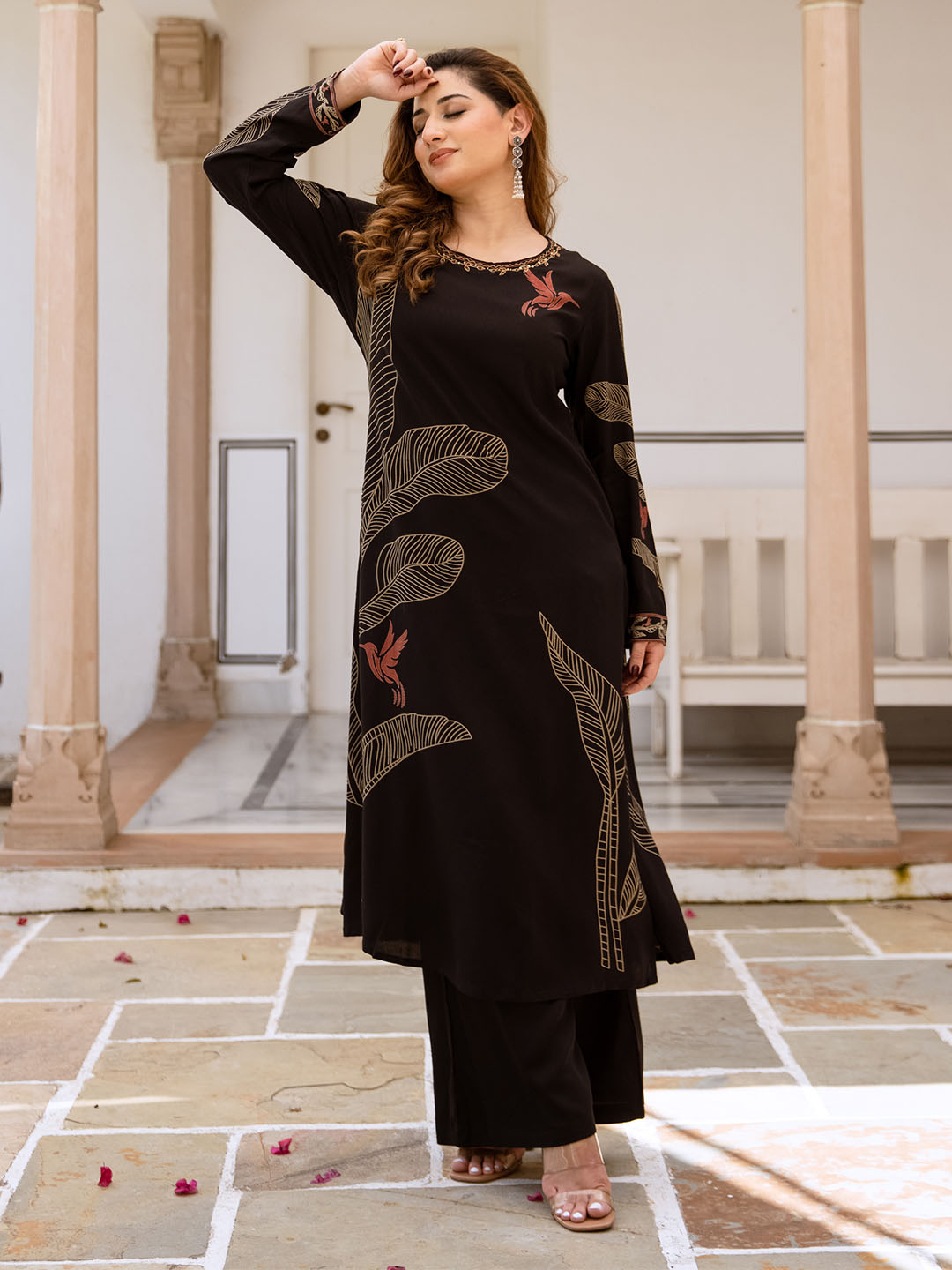 Comfy Black Rayon Bold Printed A-Line Kurta Set With Palazzo Bottom
