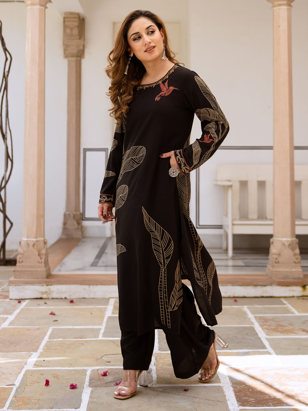 Comfy Black Rayon Bold Printed A-Line Kurta Set With Palazzo Bottom