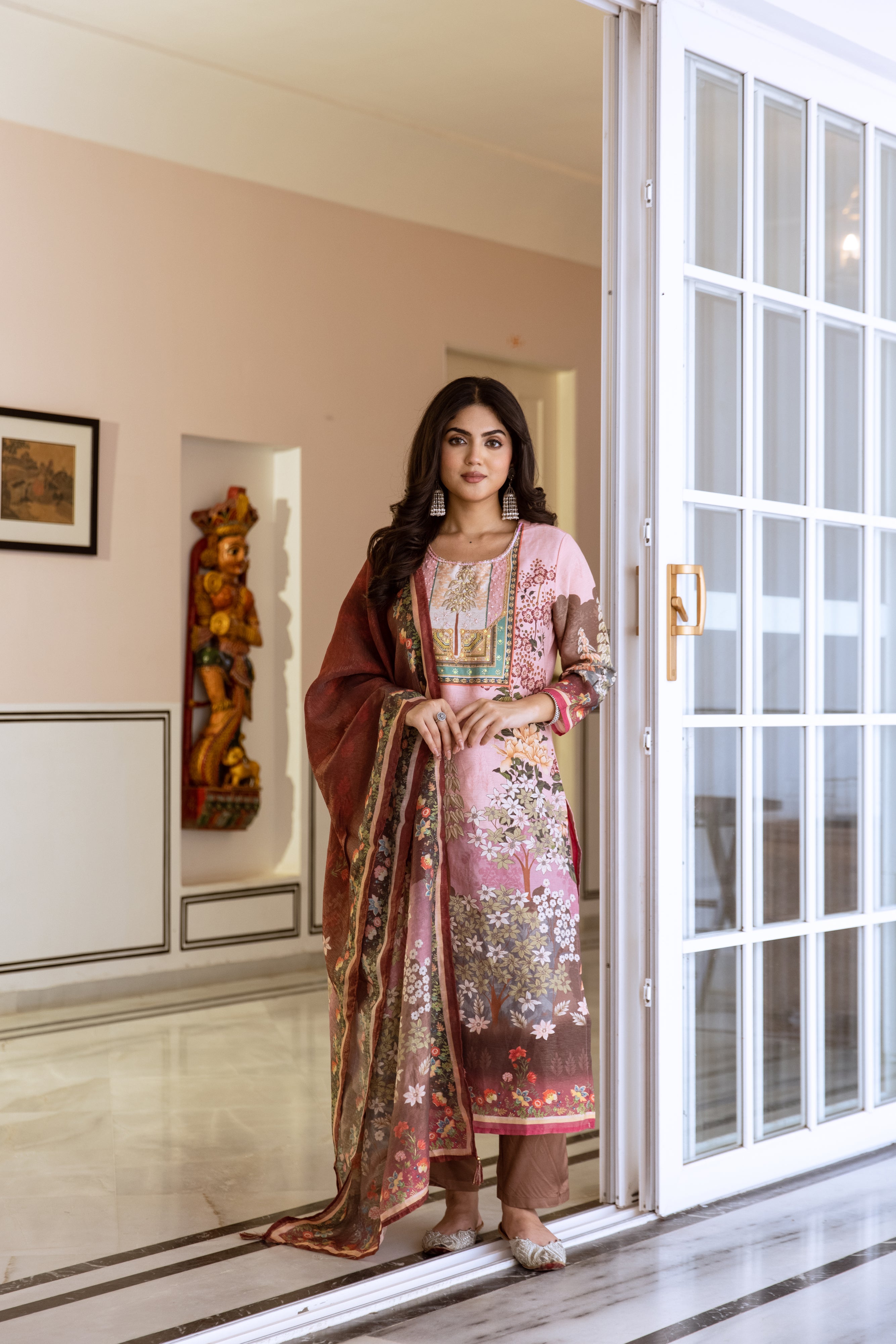 Comfy Pink Viscose Rayon Floral Embroidery Straight Fit  Kurta set with dupatta