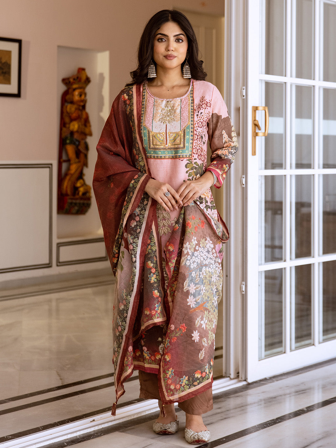 Comfy Pink Viscose Rayon Floral Embroidery Straight Fit  Kurta set with dupatta