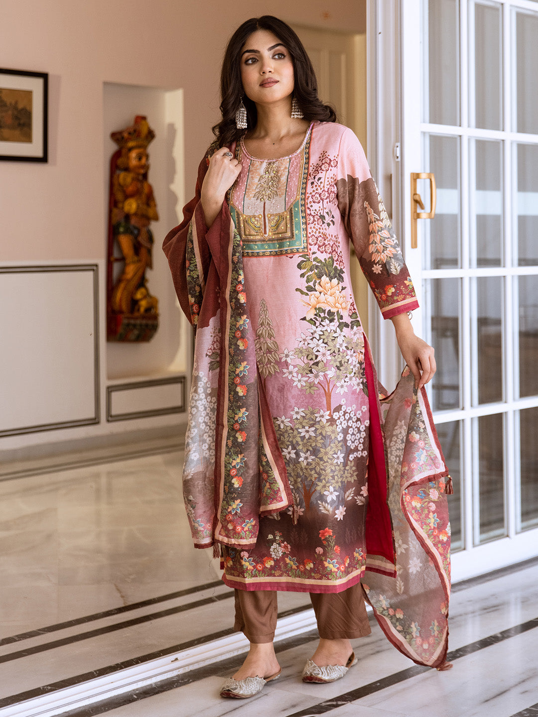 Comfy Pink Viscose Rayon Floral Embroidery Straight Fit  Kurta set with dupatta