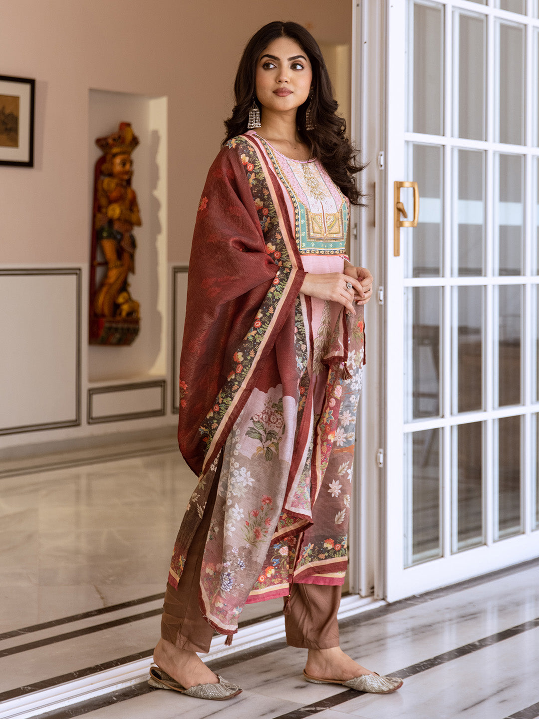 Comfy Pink Viscose Rayon Floral Embroidery Straight Fit  Kurta set with dupatta