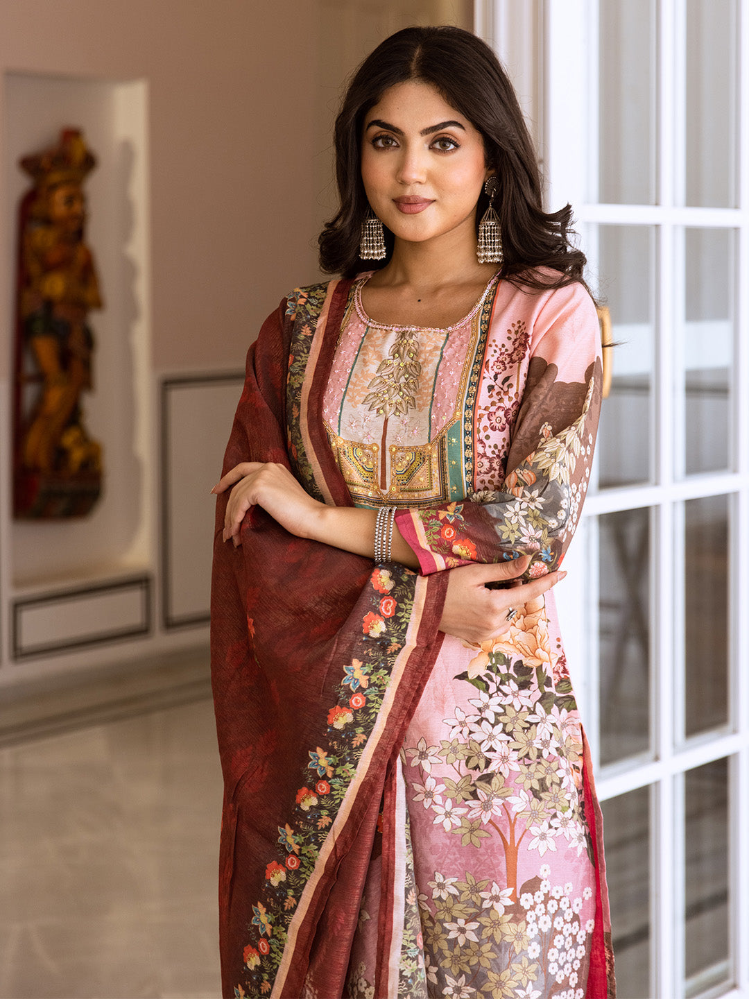 Comfy Pink Viscose Rayon Floral Embroidery Straight Fit  Kurta set with dupatta