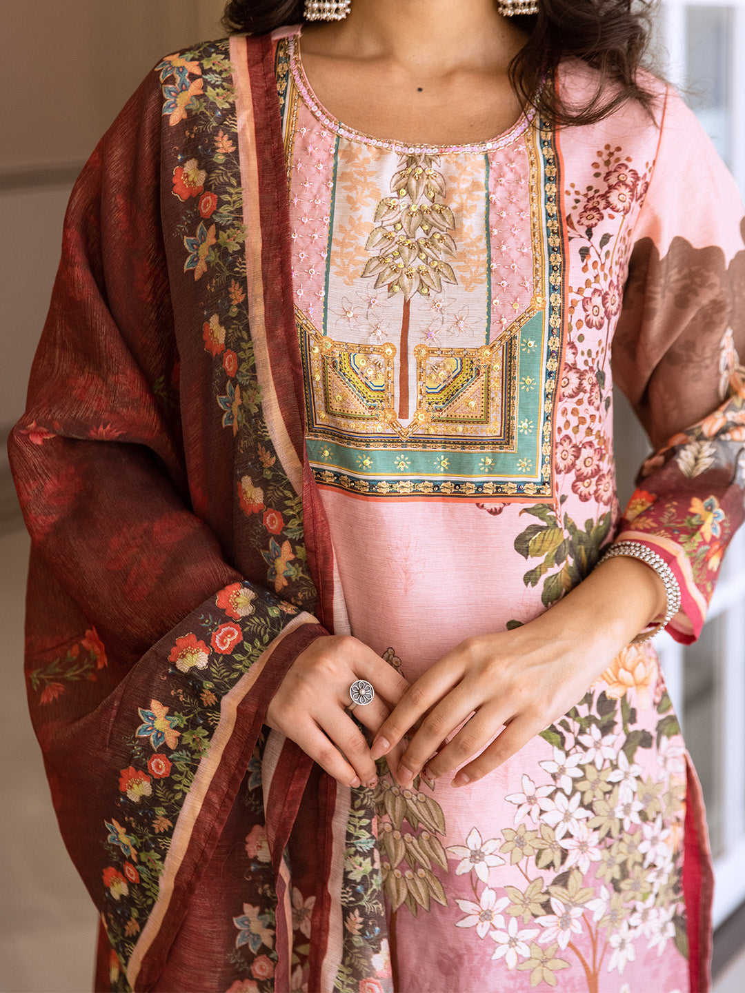 Comfy Pink Viscose Rayon Floral Embroidery Straight Fit  Kurta set with dupatta