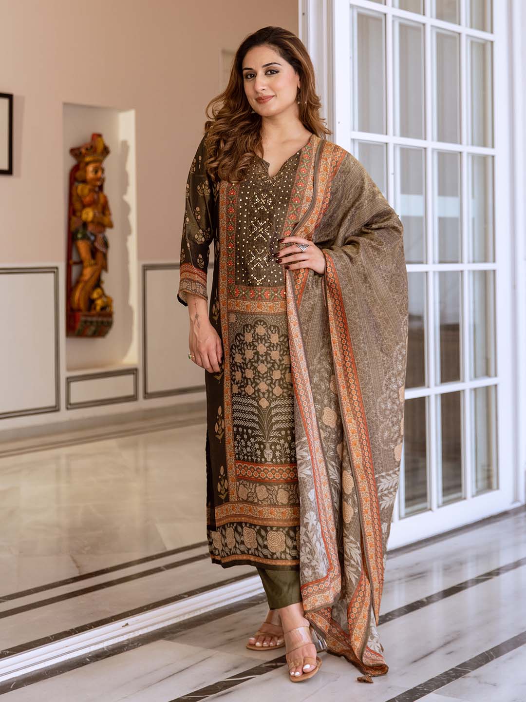 Soft Multi-Colored Tissue Shimmer A-Line Kurta Set With Flowy Printed Dupatta