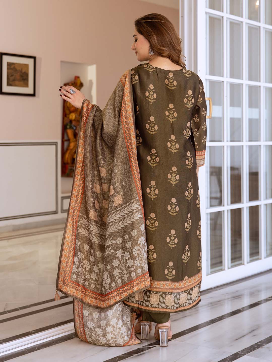 Soft Multi-Colored Tissue Shimmer A-Line Kurta Set With Flowy Printed Dupatta