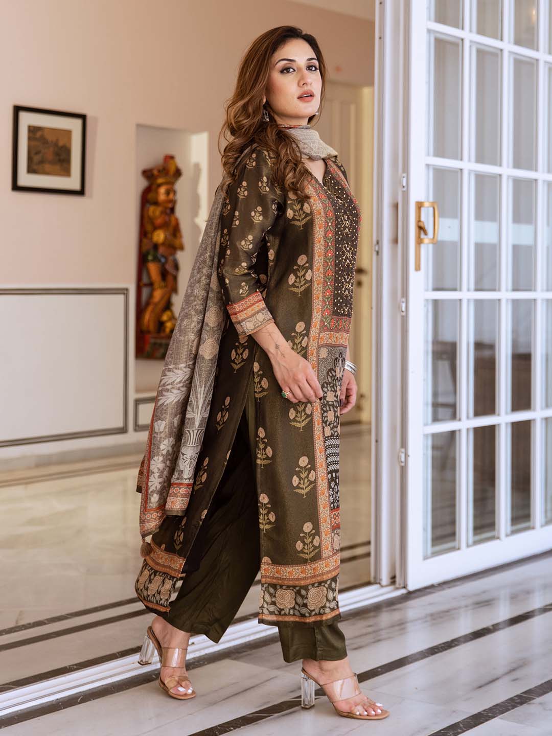 Soft Multi-Colored Tissue Shimmer A-Line Kurta Set With Flowy Printed Dupatta