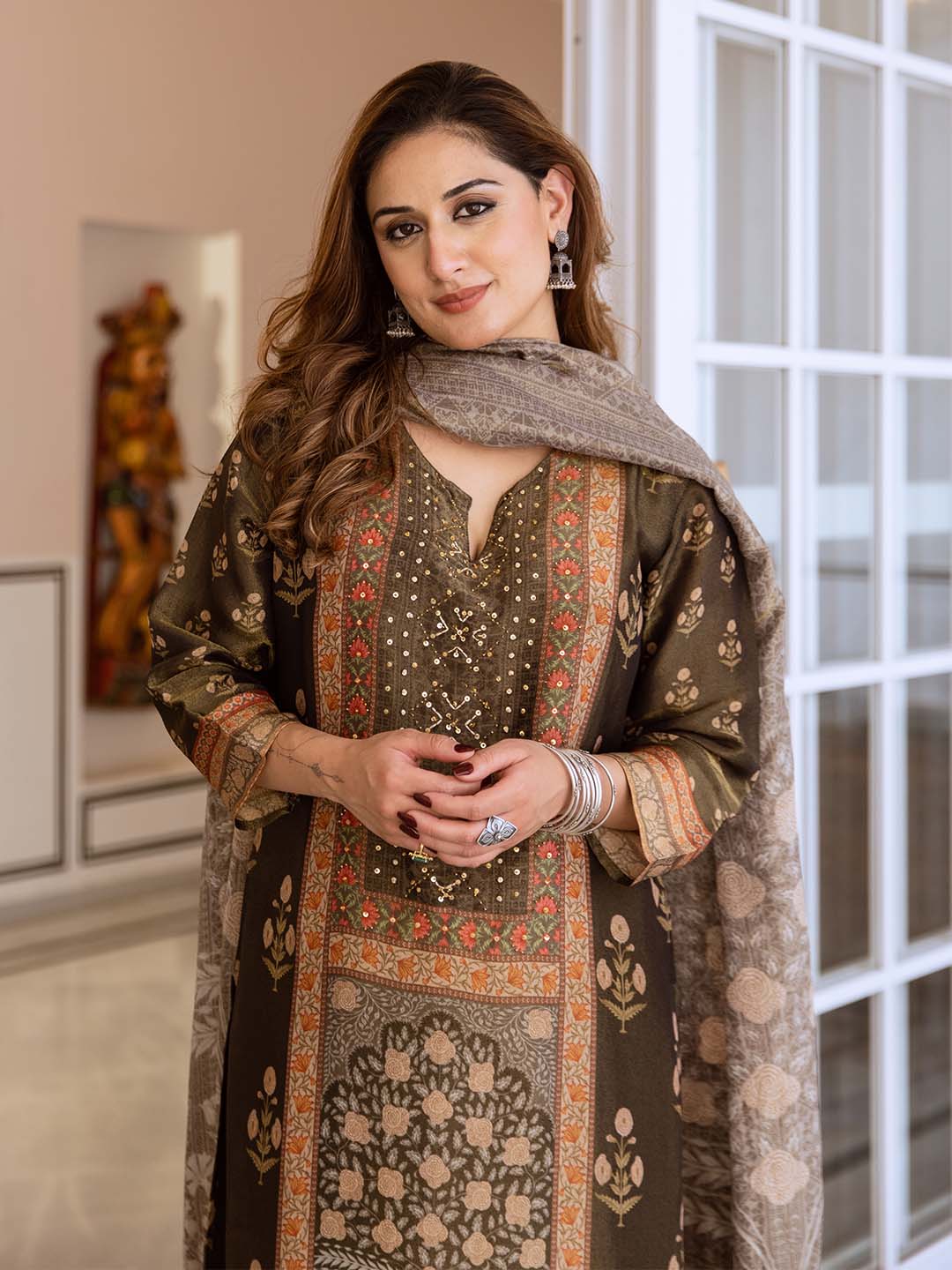Soft Multi-Colored Tissue Shimmer A-Line Kurta Set With Flowy Printed Dupatta