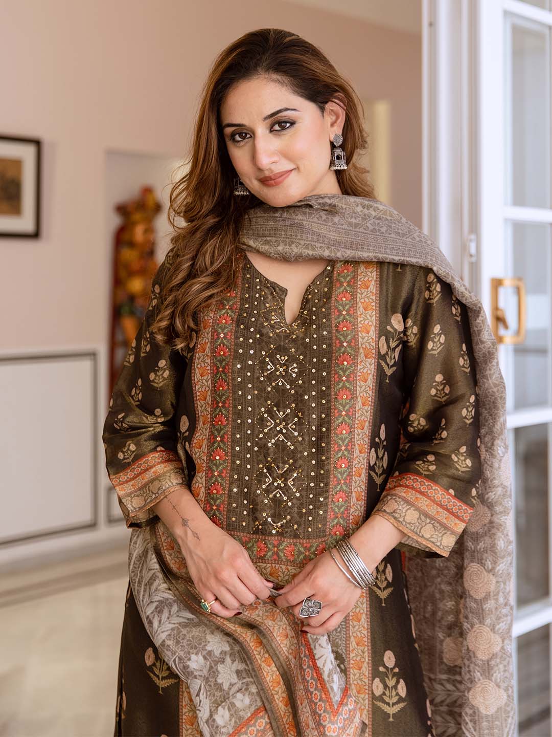 Soft Multi-Colored Tissue Shimmer A-Line Kurta Set With Flowy Printed Dupatta