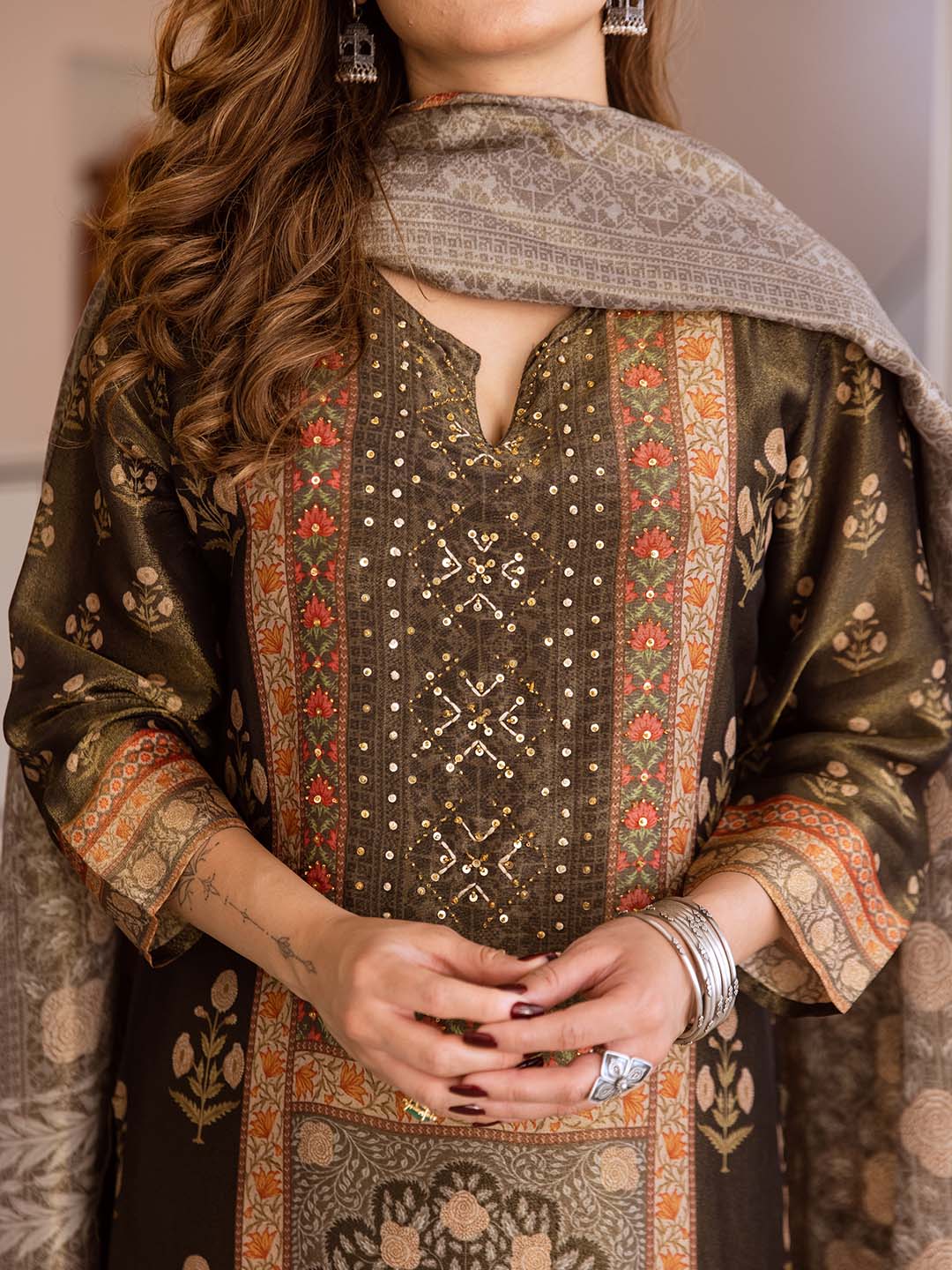 Soft Multi-Colored Tissue Shimmer A-Line Kurta Set With Flowy Printed Dupatta