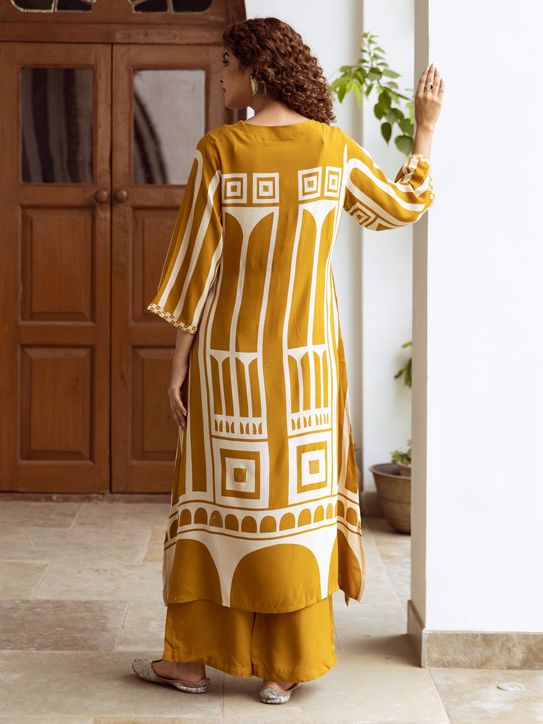 Comfy Mustard Rayon Bold Printed A-Line Kurta Set With Straight Bottom