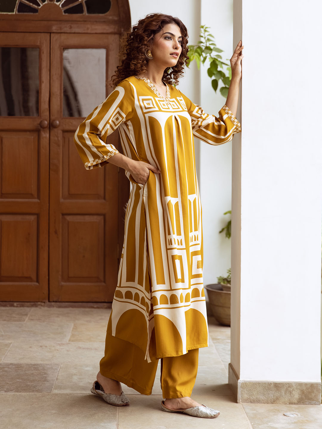 Comfy Mustard Rayon Bold Printed A-Line Kurta Set With Straight Bottom