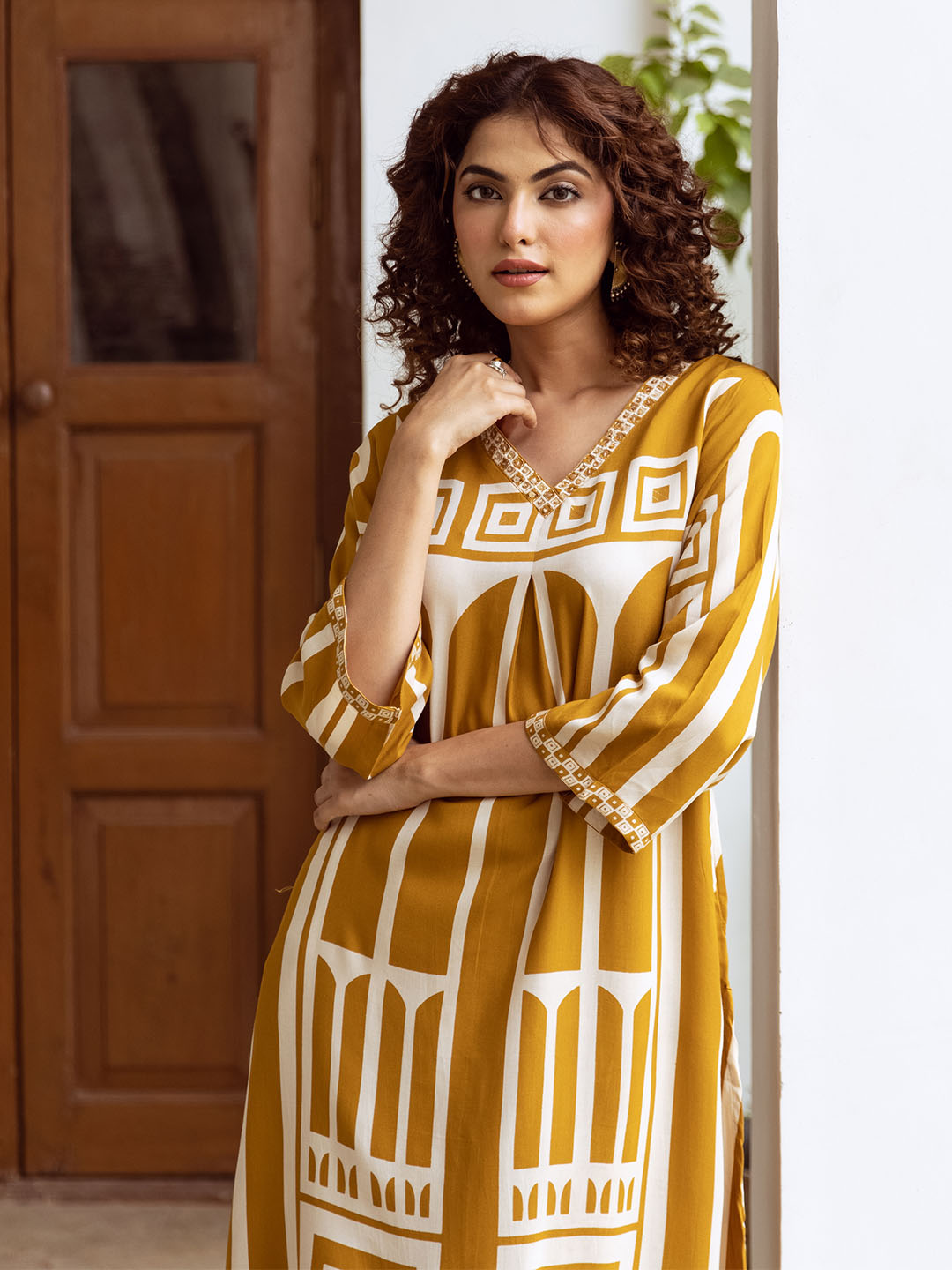 Comfy Mustard Rayon Bold Printed A-Line Kurta Set With Straight Bottom