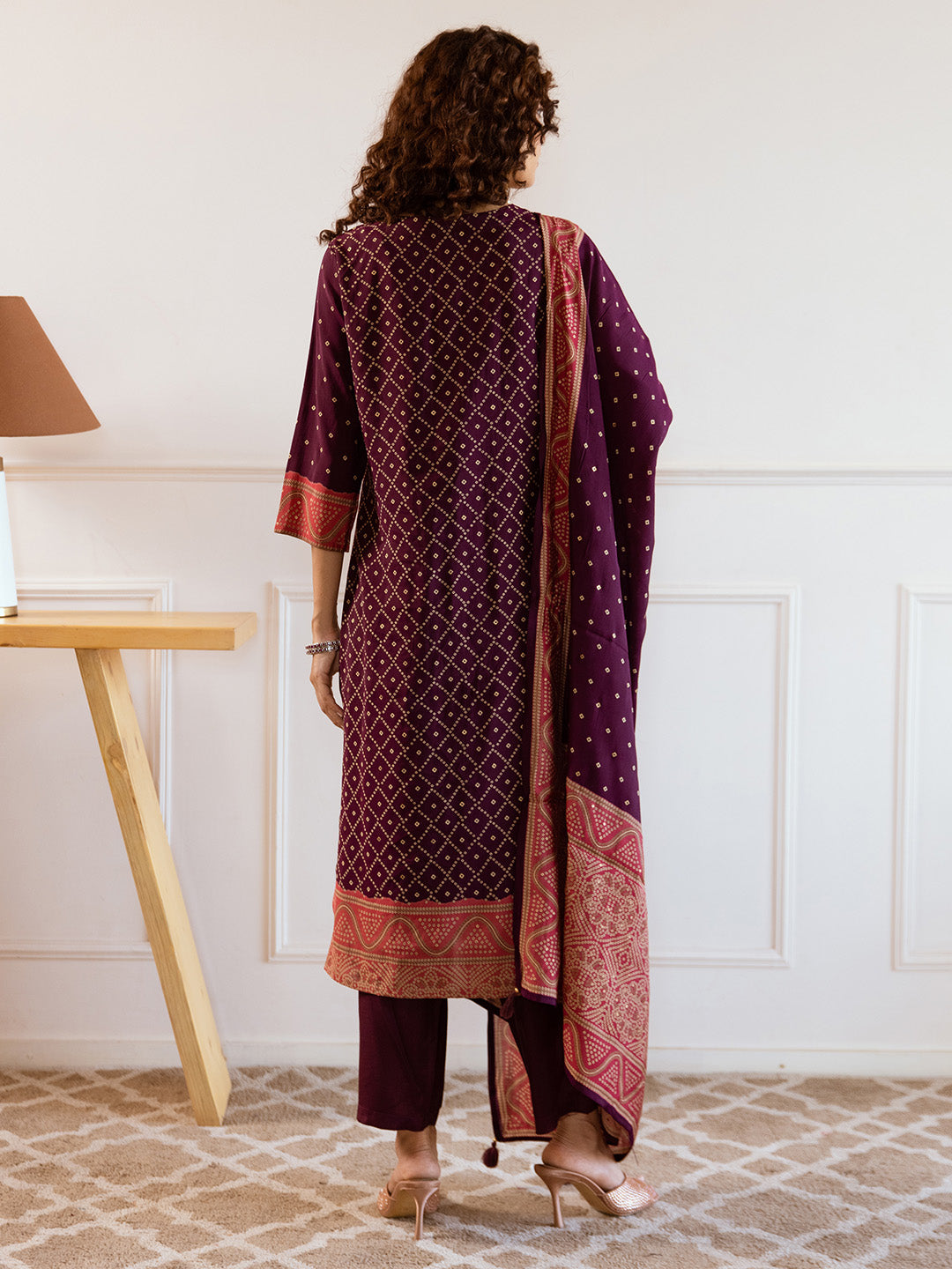 soft Red Viscose Rayon Yoke Embellished Straight Fit kuta set with printed dupatta