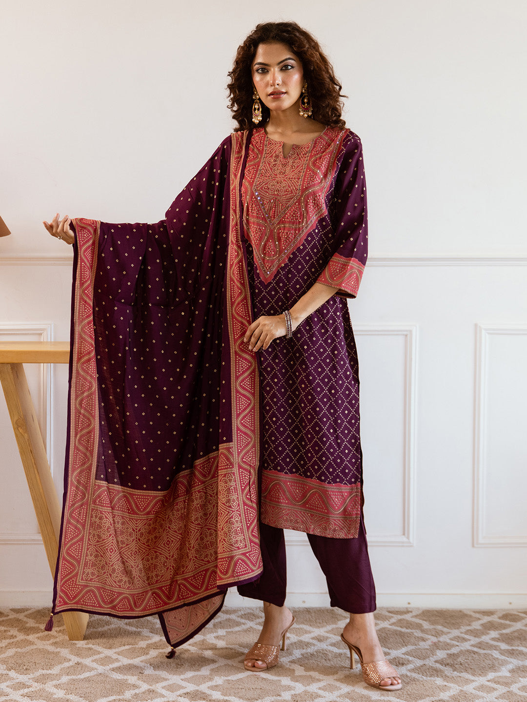 soft Red Viscose Rayon Yoke Embellished Straight Fit kuta set with printed dupatta