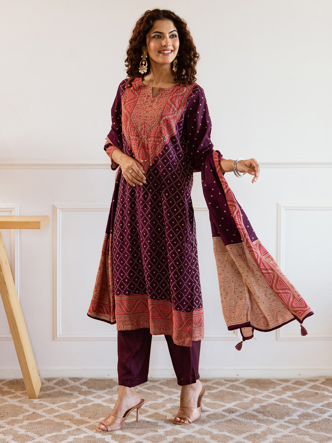 soft Red Viscose Rayon Yoke Embellished Straight Fit kuta set with printed dupatta