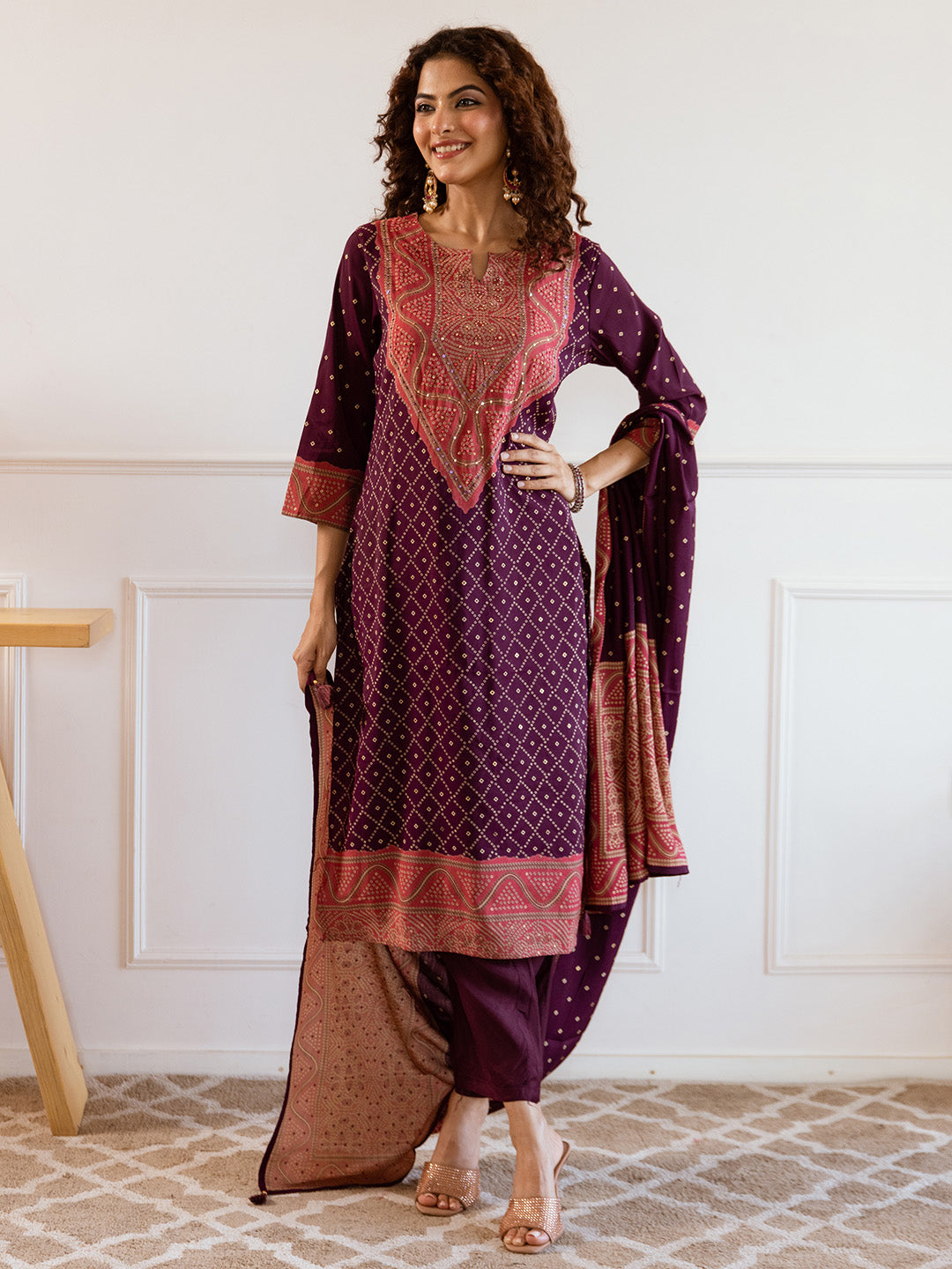 soft Red Viscose Rayon Yoke Embellished Straight Fit kuta set with printed dupatta